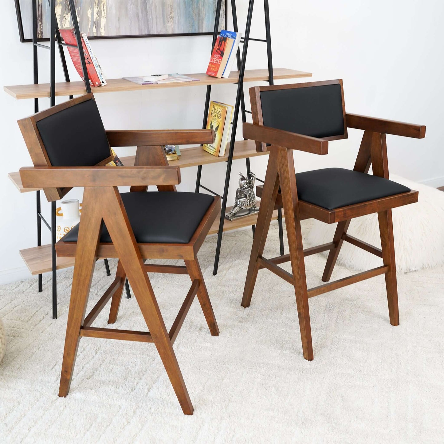 Athena Counter Chair In Black Vegan Leather (Set of 2)