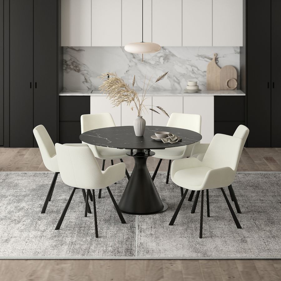 Calisto-Signy 7 Piece Dining Set - Black Table with Ivory Chairs