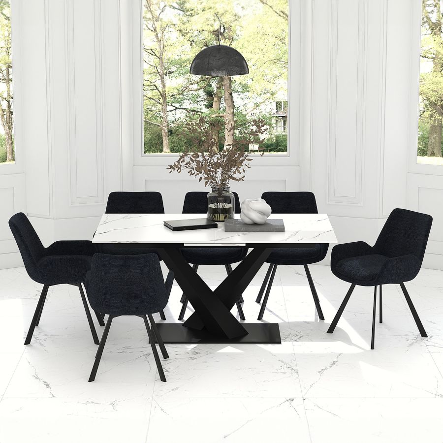 Julius-Signy 7 Piece Dining Set - White Table with Black Chairs