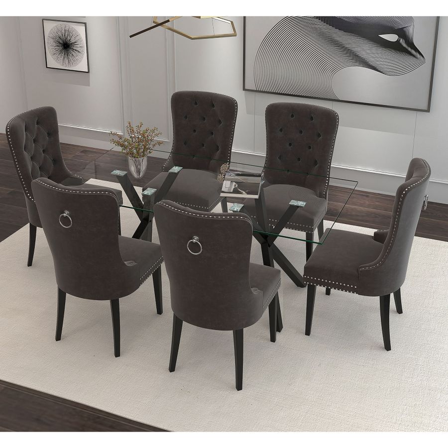 Stark-Rizzo 7 Piece Dining Set - Black with Grey Velvet Chairs