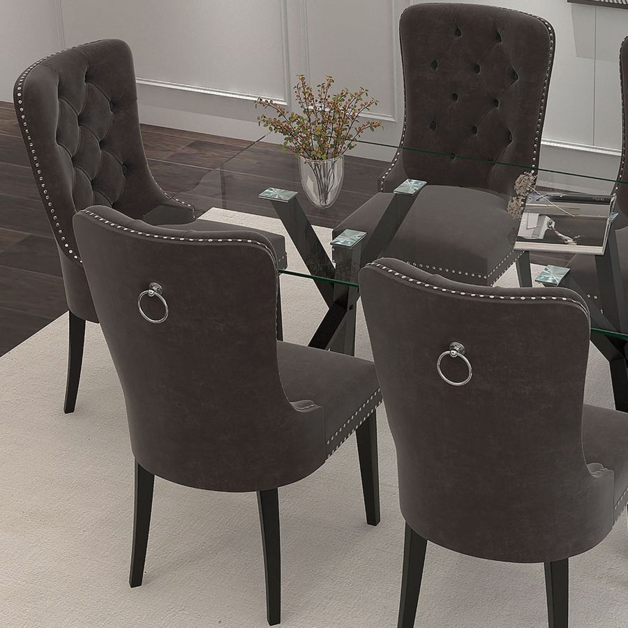 Stark-Rizzo 7 Piece Dining Set - Black with Grey Velvet Chairs