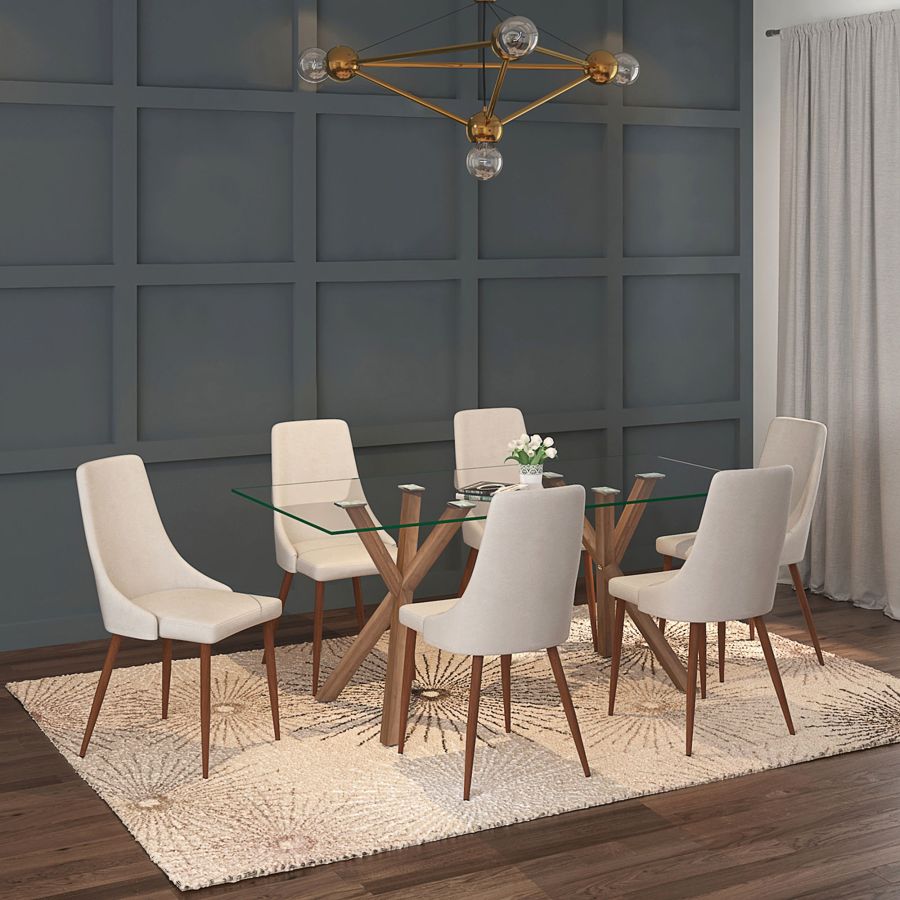 Stark-Cora 7 Piece Dining Set - Walnut with Beige Chairs