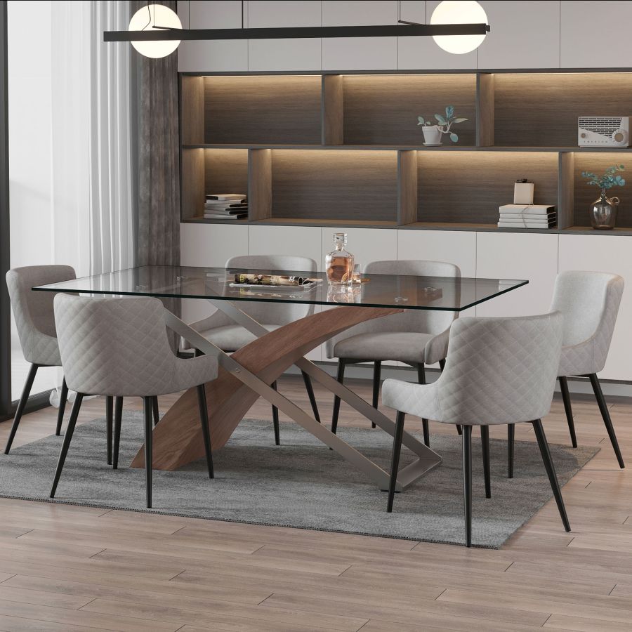 Veneta-Bianca 7 Piece Dining Set - Walnut with Light Grey Chairs