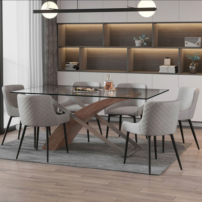 Veneta-Bianca 7 Piece Dining Set - Walnut with Light Grey Chairs