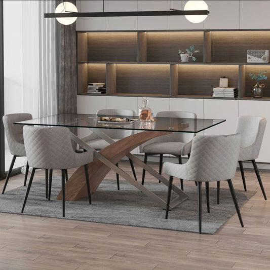 Veneta-Bianca 7 Piece Dining Set - Walnut with Light Grey Chairs