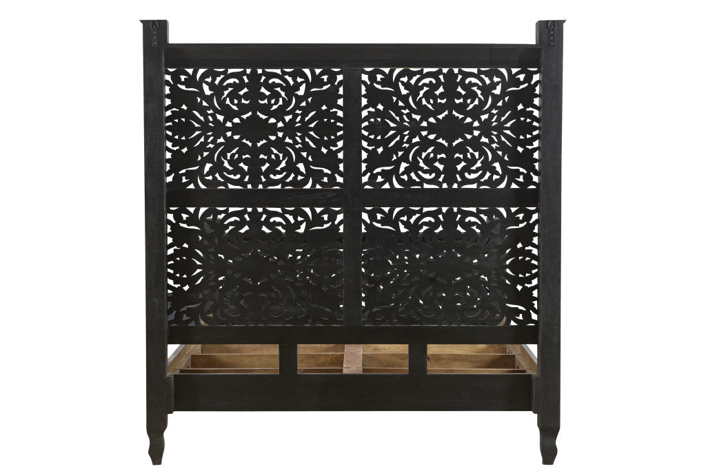 Carved Solid Wood Queen Distressed Black Bed