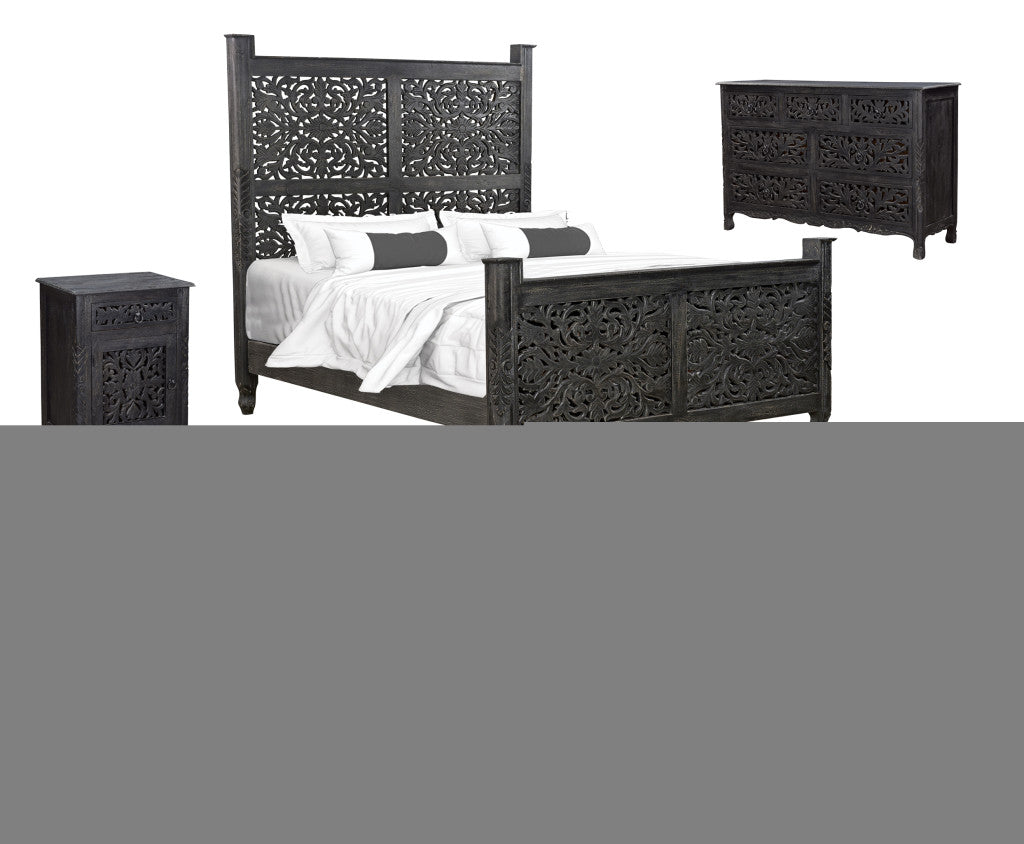 Carved Solid Wood Queen Distressed Black Bed