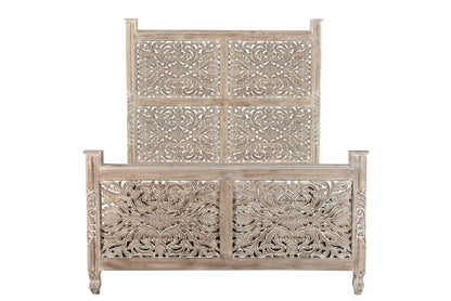 Carved Solid Wood Queen Distressed Gray Bed