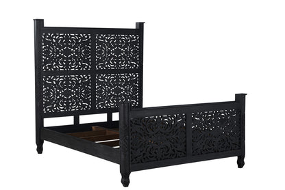 Carved Solid Wood Queen Black Bed