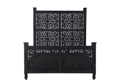 Carved Solid Wood Queen Black Bed