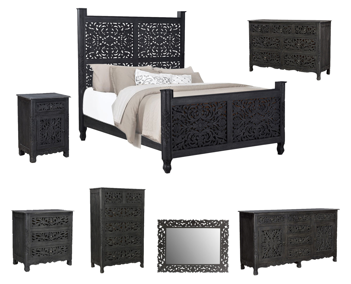 Carved Solid Wood Queen Black Bed