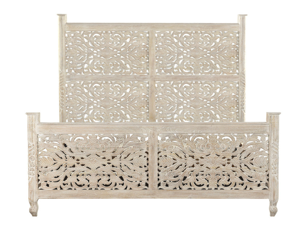 Carved Solid Wood King White Bed