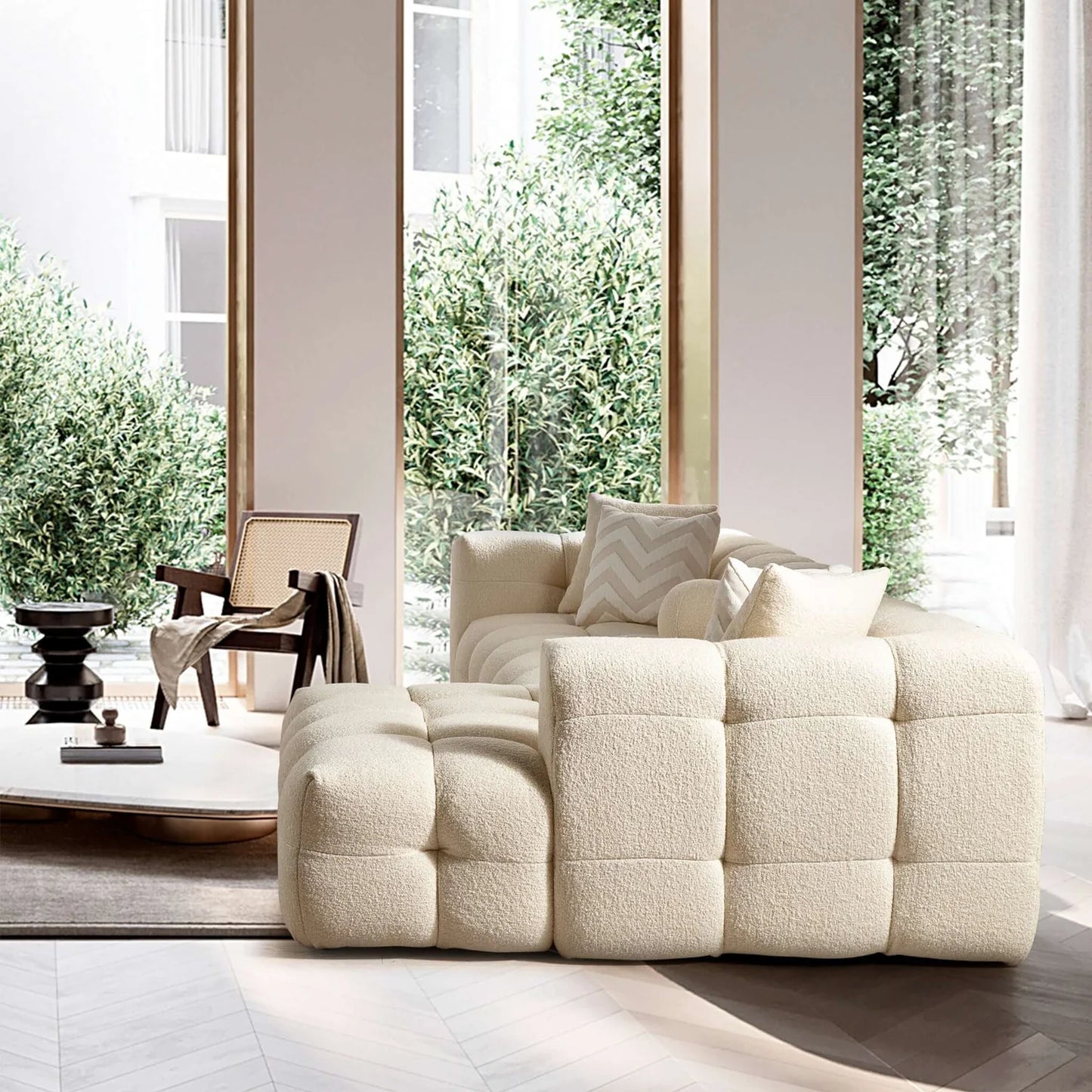 Alana Tufted Ivory Boucle Sectional Sofa - Right Facing