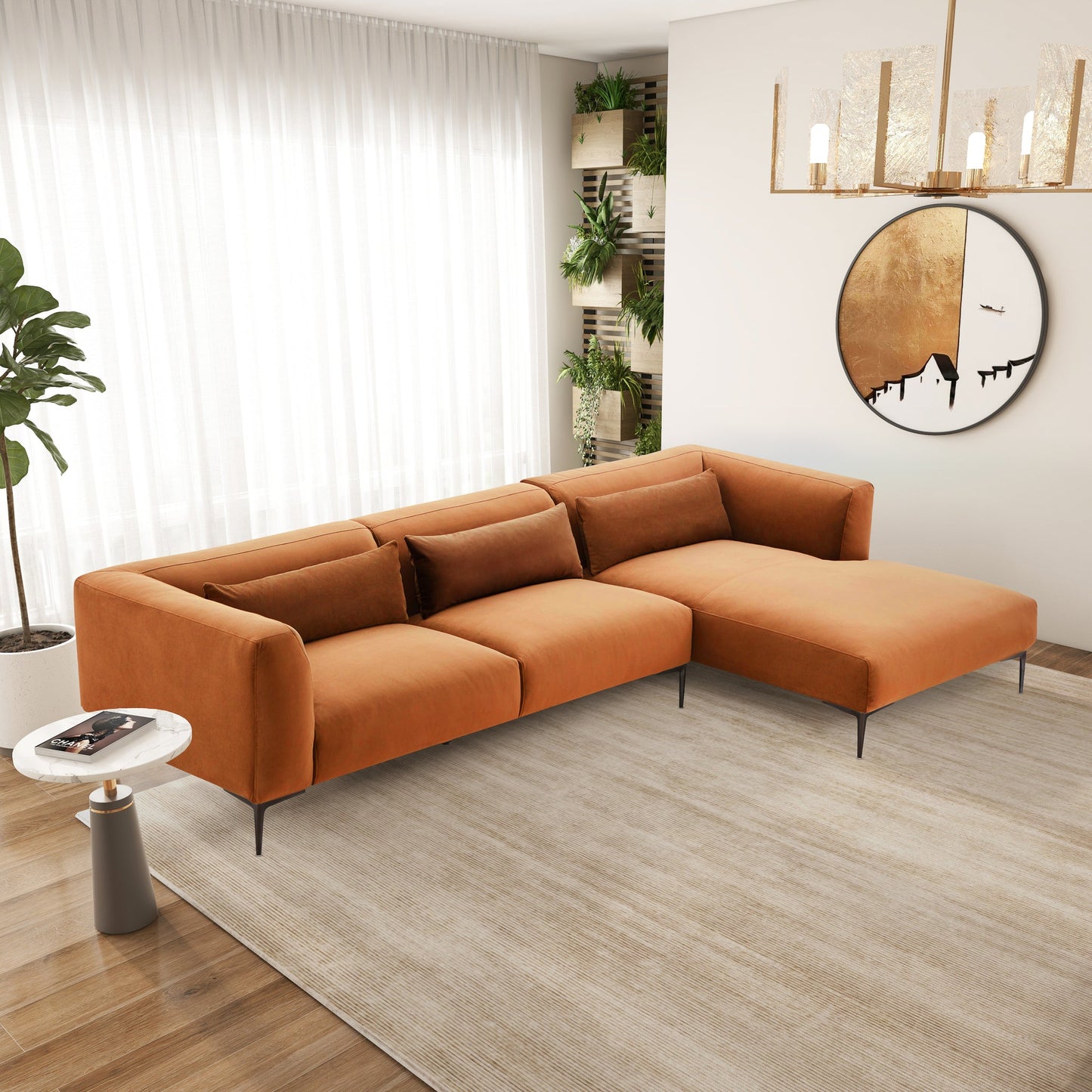 Laley Right-Facing Velvet Sectional - Burnt Orange