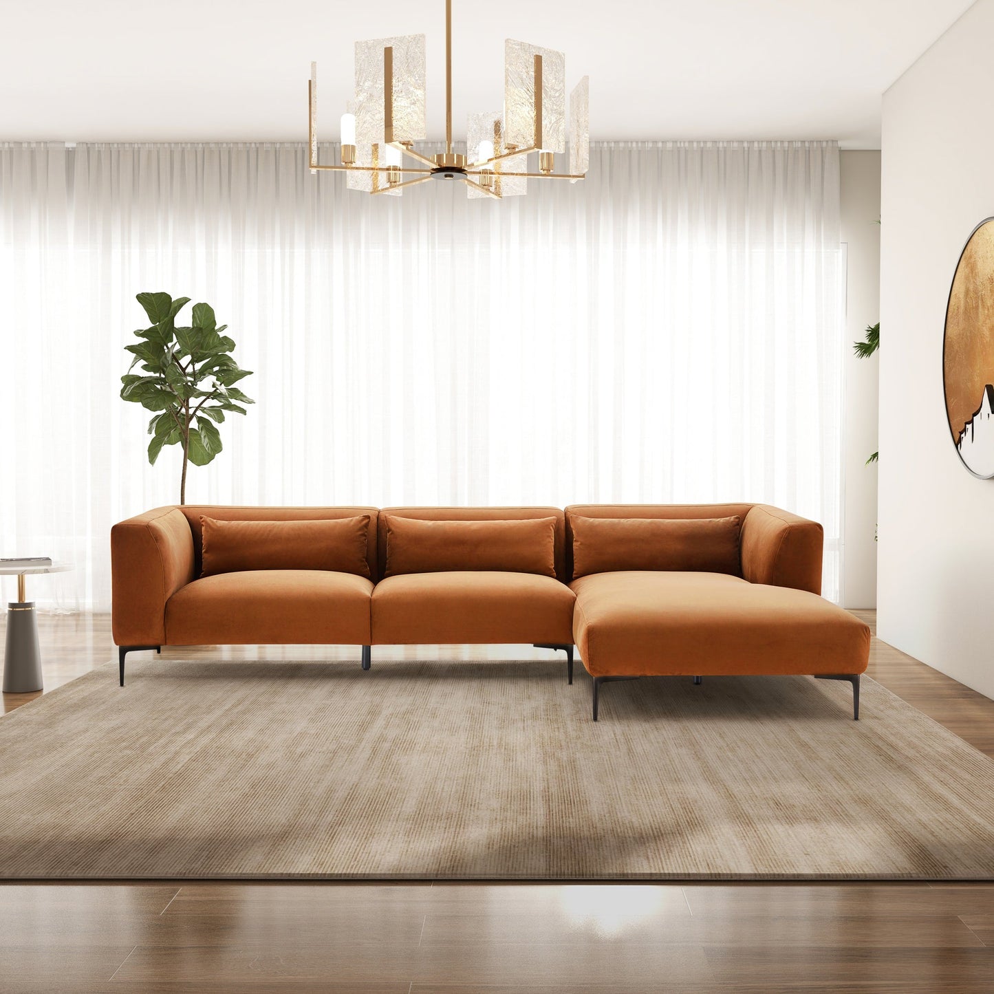 Laley Right-Facing Velvet Sectional - Burnt Orange