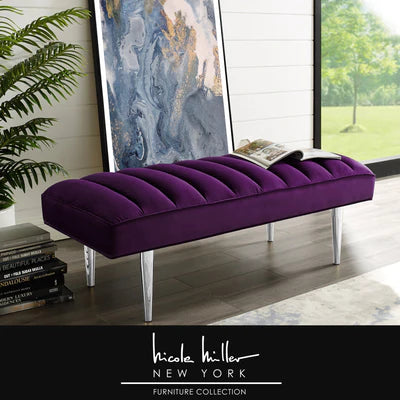 53" Purple And Silver Upholstered Velvet Bench