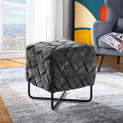 17" Navy Blue Velvet And Black Cube Ottoman