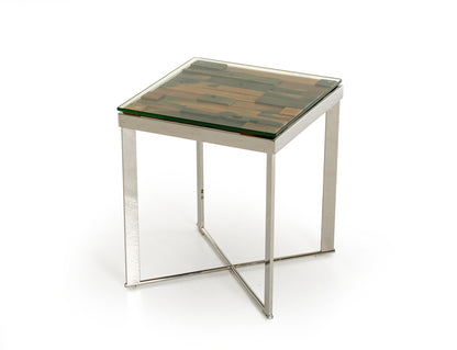 22" Mosaic Wood  Steel  And Glass End Table