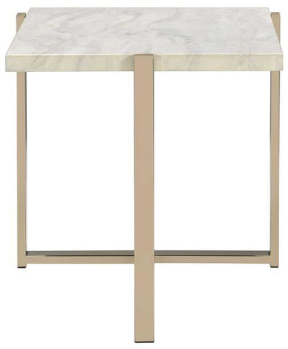 24" Brass And White Faux Marble End Table