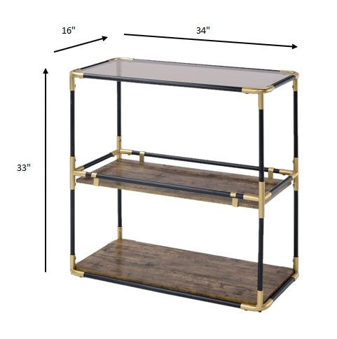 33" Black And Gold And Clear Glass Mirrored End Table With Two Shelves