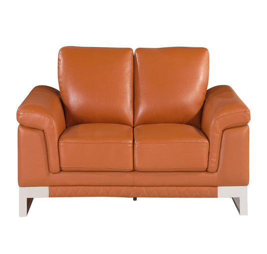 73" Camel And Silver Genuine Leather Love Seat