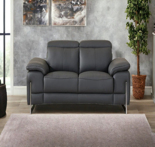 71" Gray And Silver Genuine Leather Love Seat