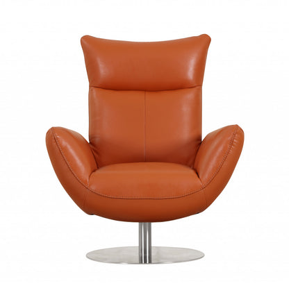 37" Red And Silver Genuine Leather Swivel Lounge Chair