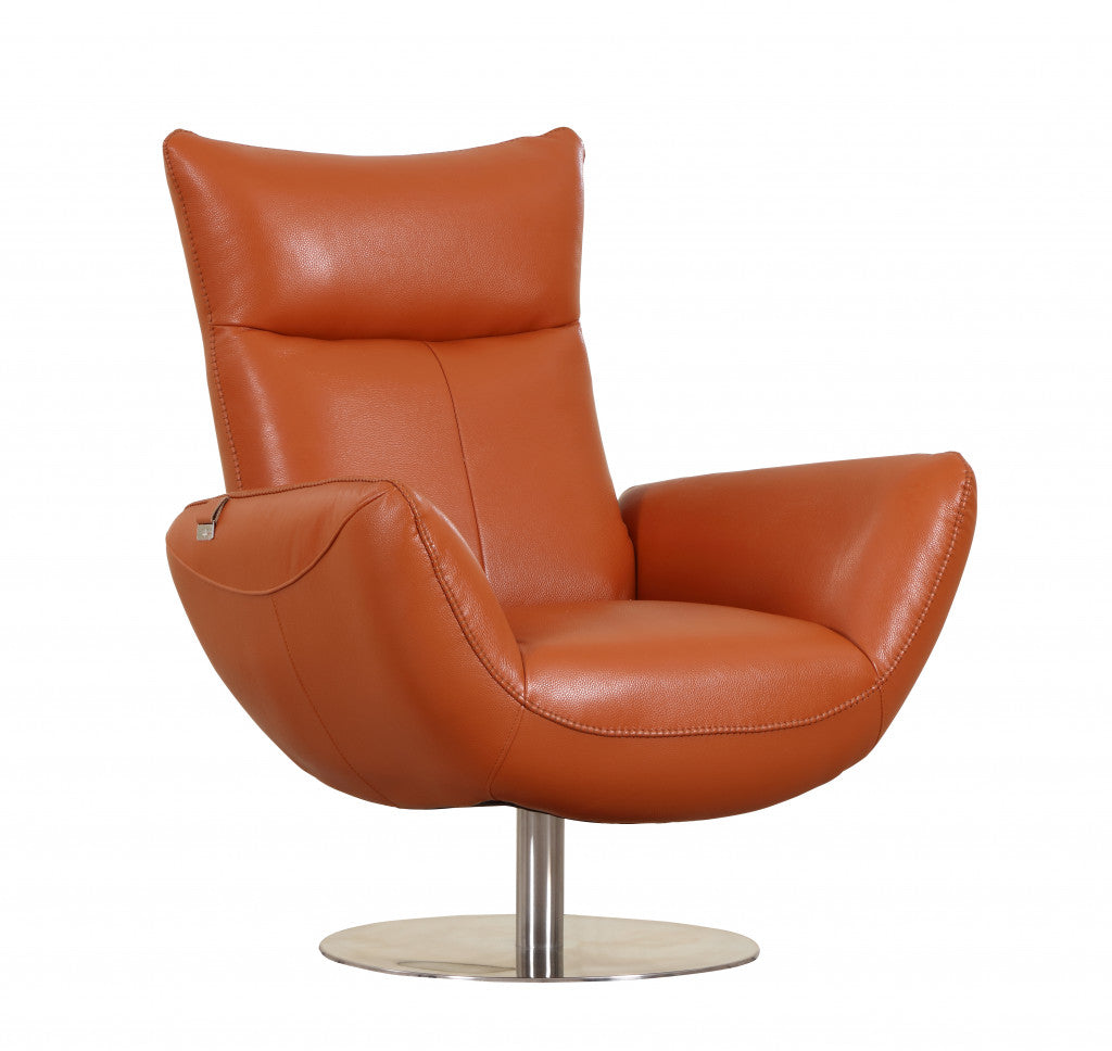 37" Red And Silver Genuine Leather Swivel Lounge Chair