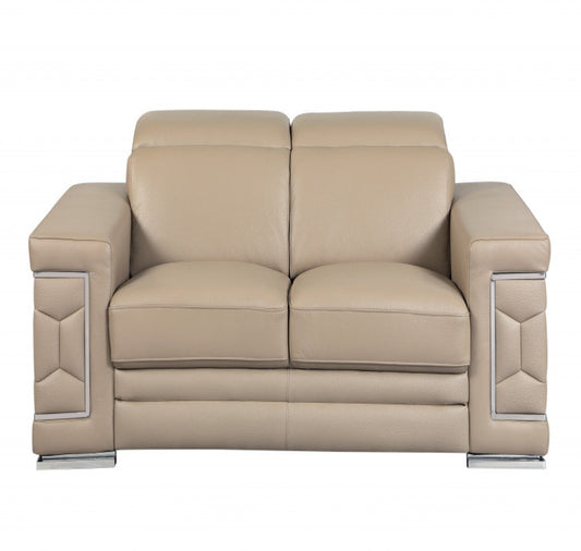 71" Beige And Silver Genuine Leather Love Seat