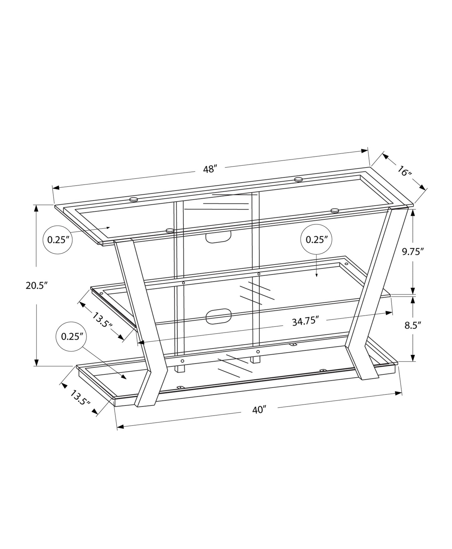 16" X 48" X 20.5" Black Tempered Glass Metal TV Stand