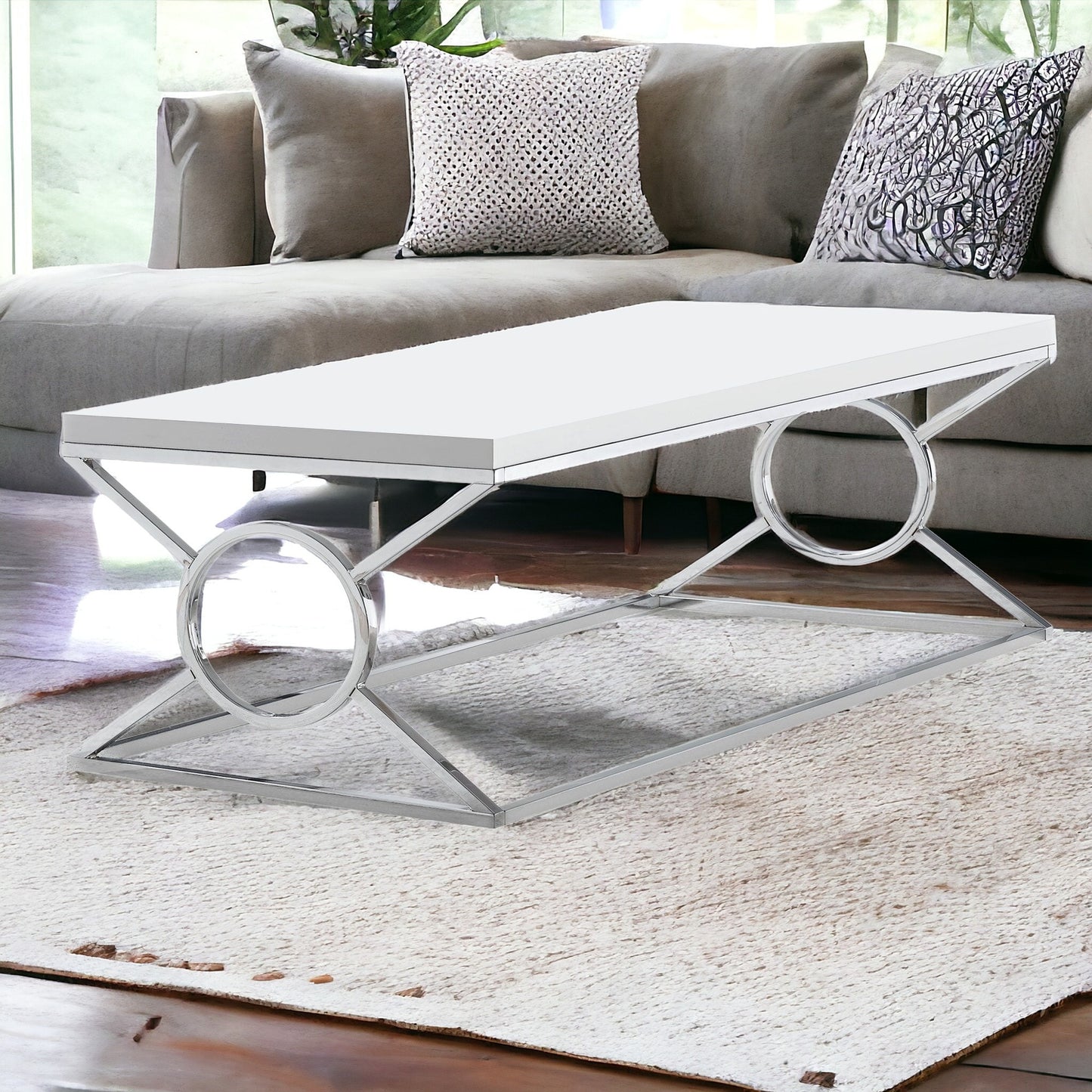 44" White And Silver Iron Coffee Table