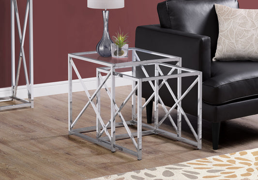 38" Chrome Metal And Tempered Glass Two Pieces Nesting Table Set