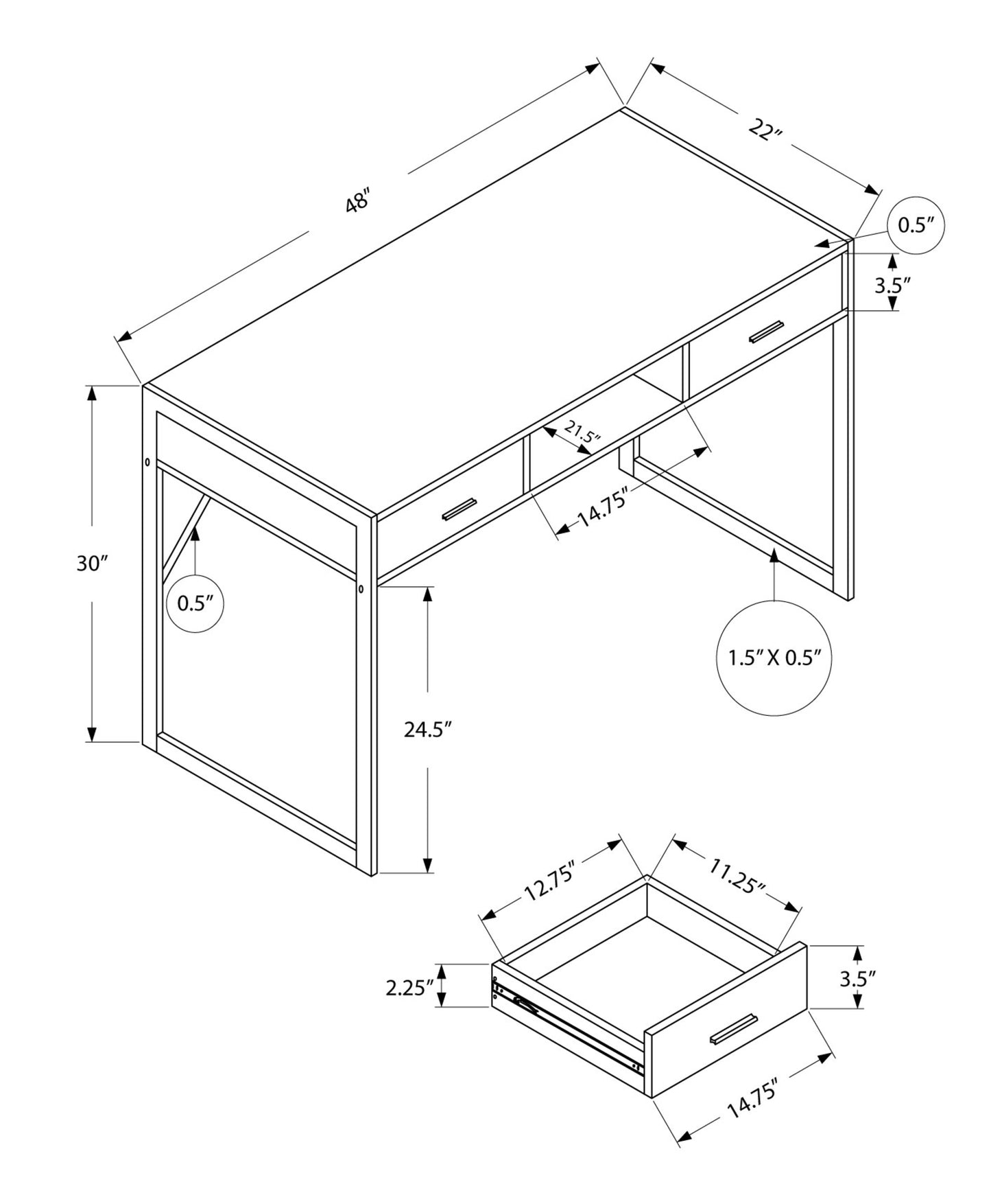 22" Rectangular Computer Desk With Two Drawers