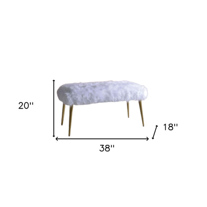 18" White and Gold Upholstered Faux Fur Bench