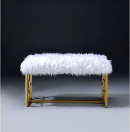 18" White and Gold Upholstered Faux Fur Bench