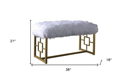 18" White and Gold Upholstered Faux Fur Bench