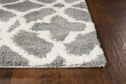 8'X11' Grey Ivory Machine Woven Ogee Indoor Shag Area Rug