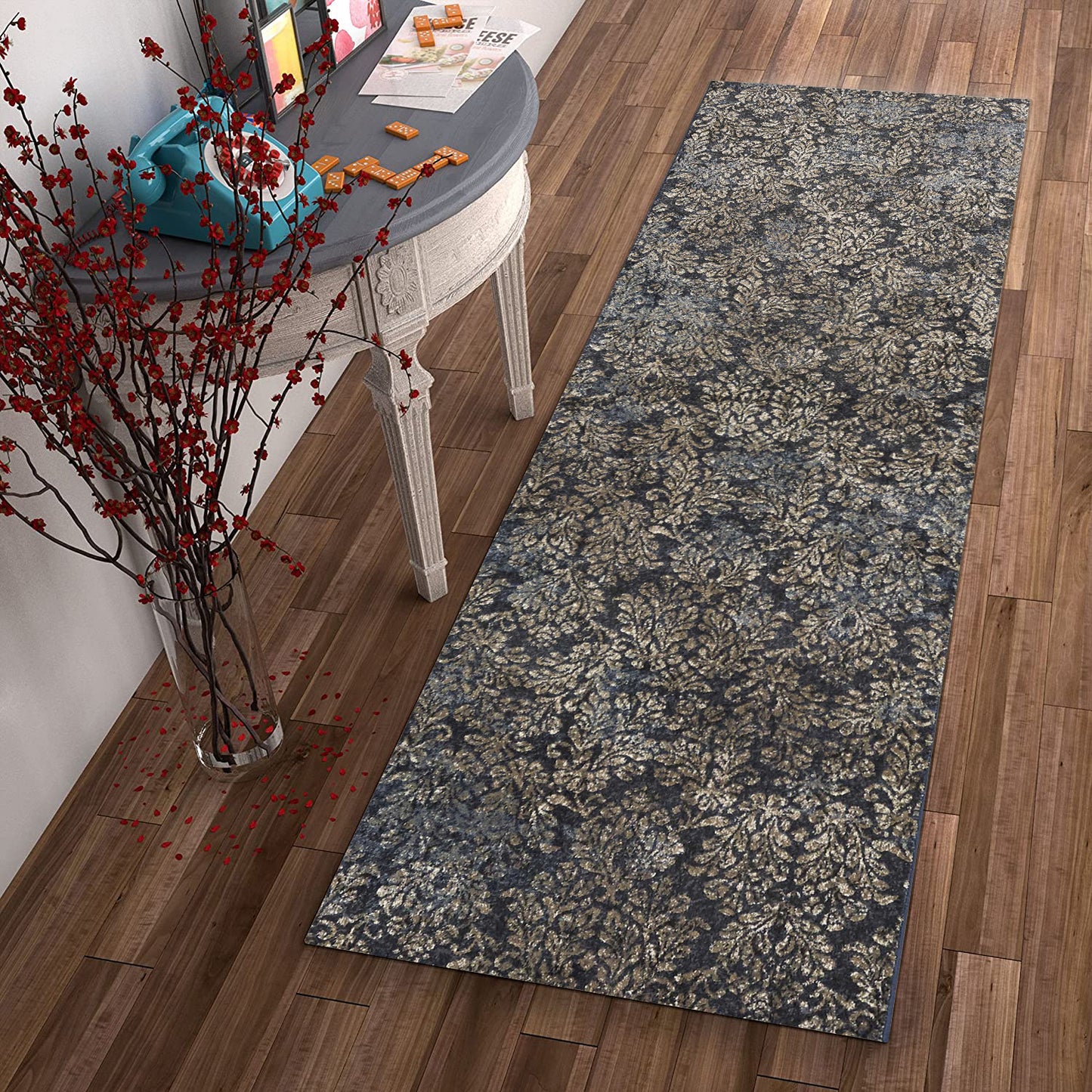 2'X4' Slate Blue Machine Woven Damask Indoor Accent Rug