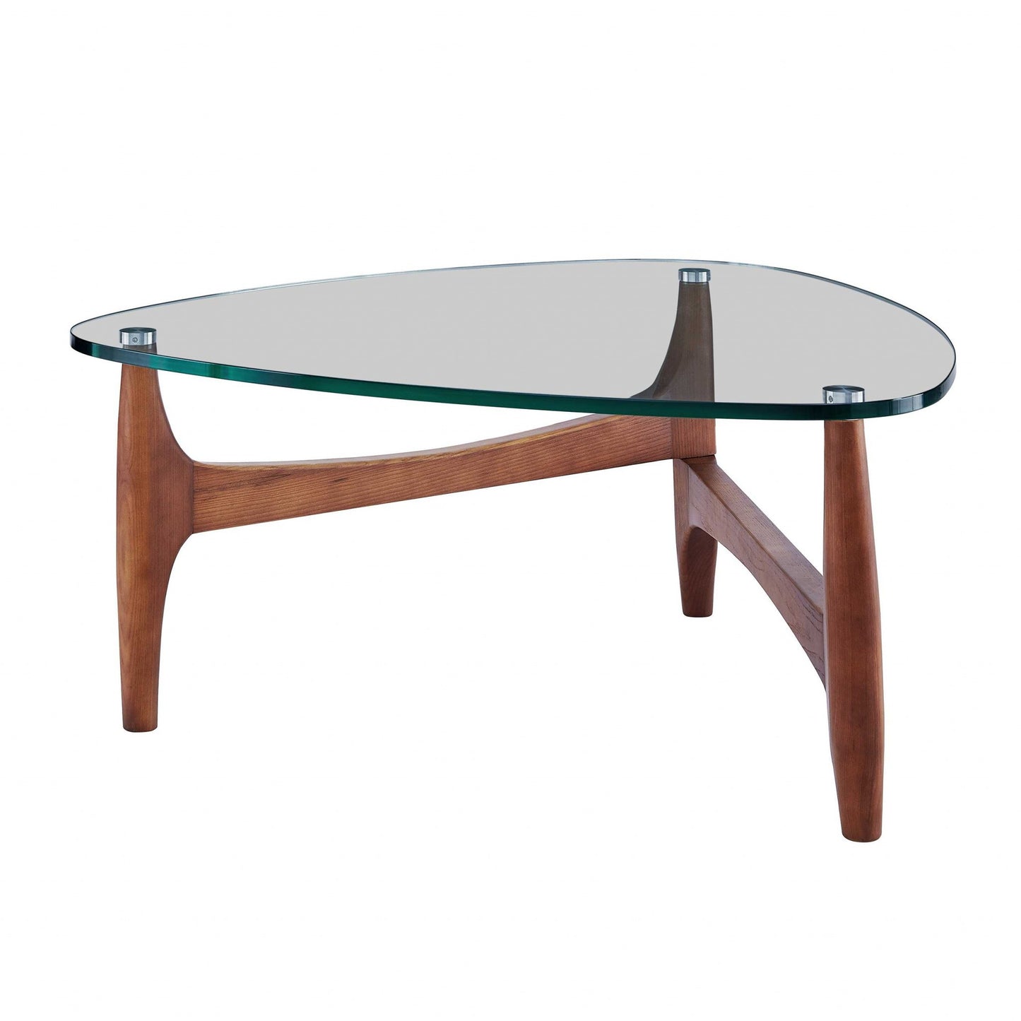 35" Walnut And Clear Glass Triangle Coffee Table