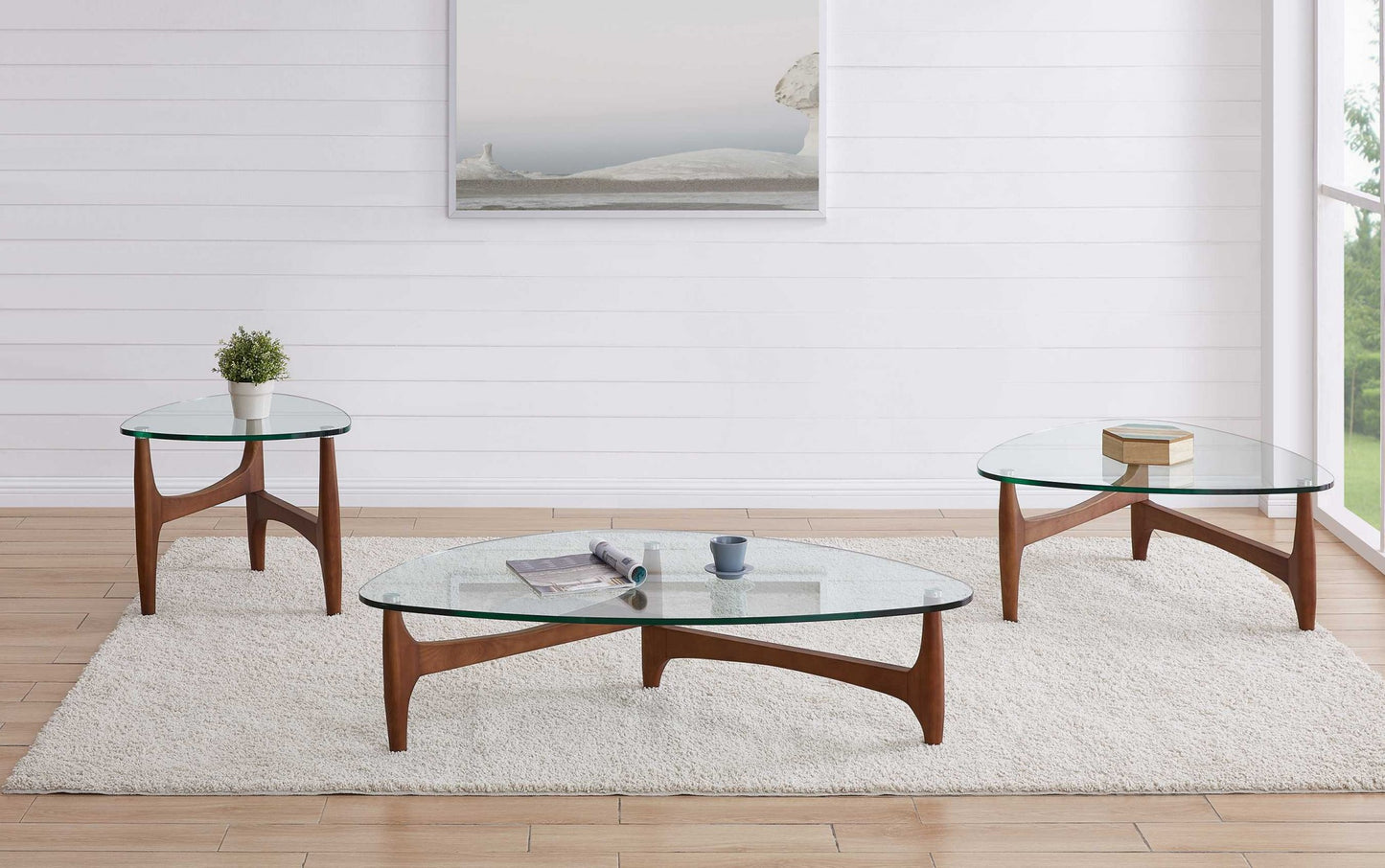 35" Walnut And Clear Glass Triangle Coffee Table