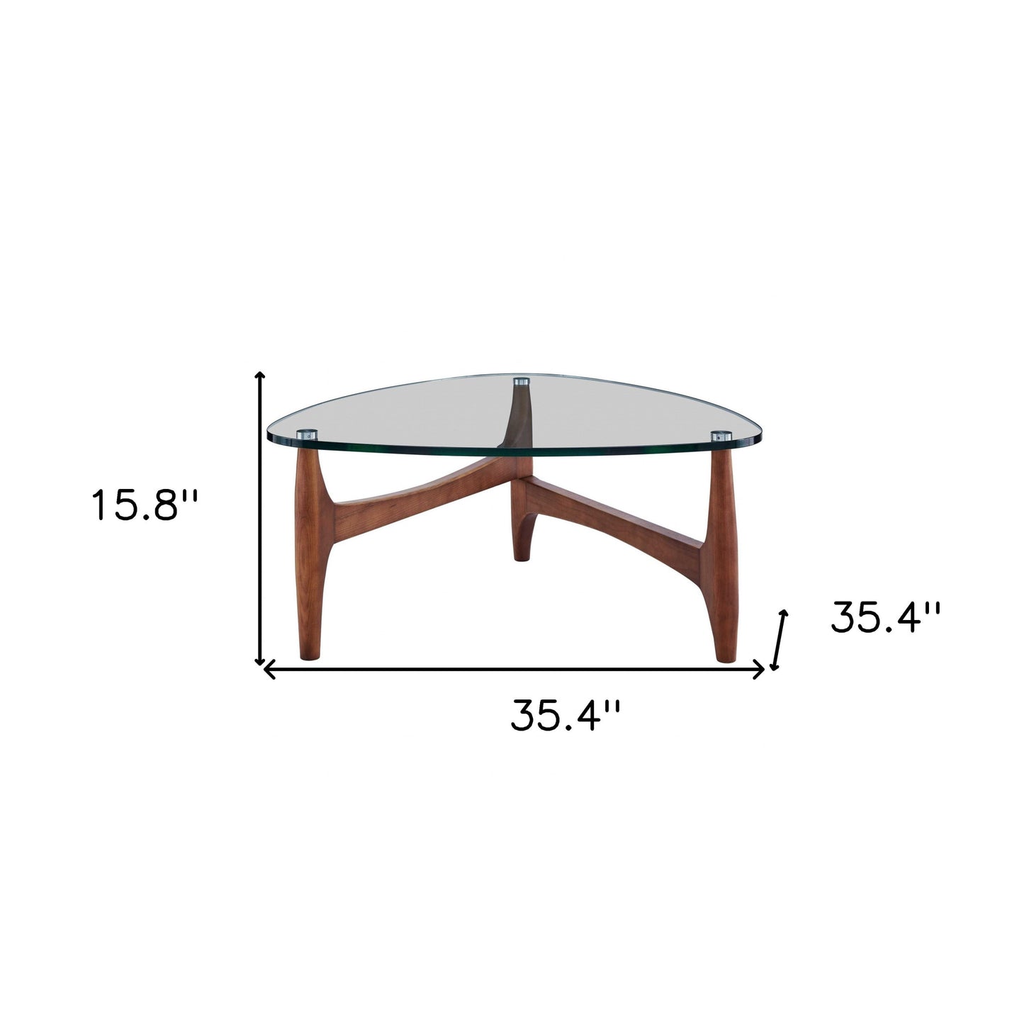 35" Walnut And Clear Glass Triangle Coffee Table