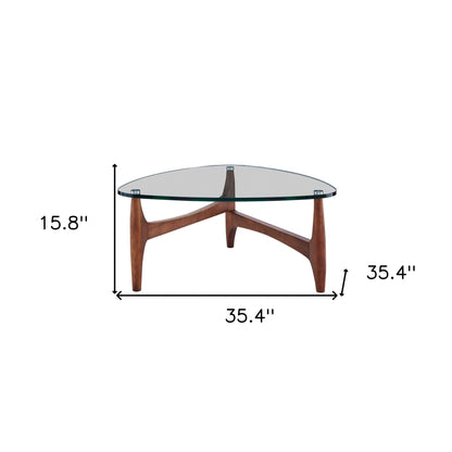 35" Walnut And Clear Glass Triangle Coffee Table