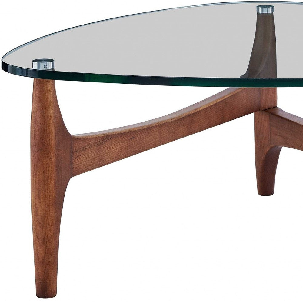 35" Walnut And Clear Glass Triangle Coffee Table