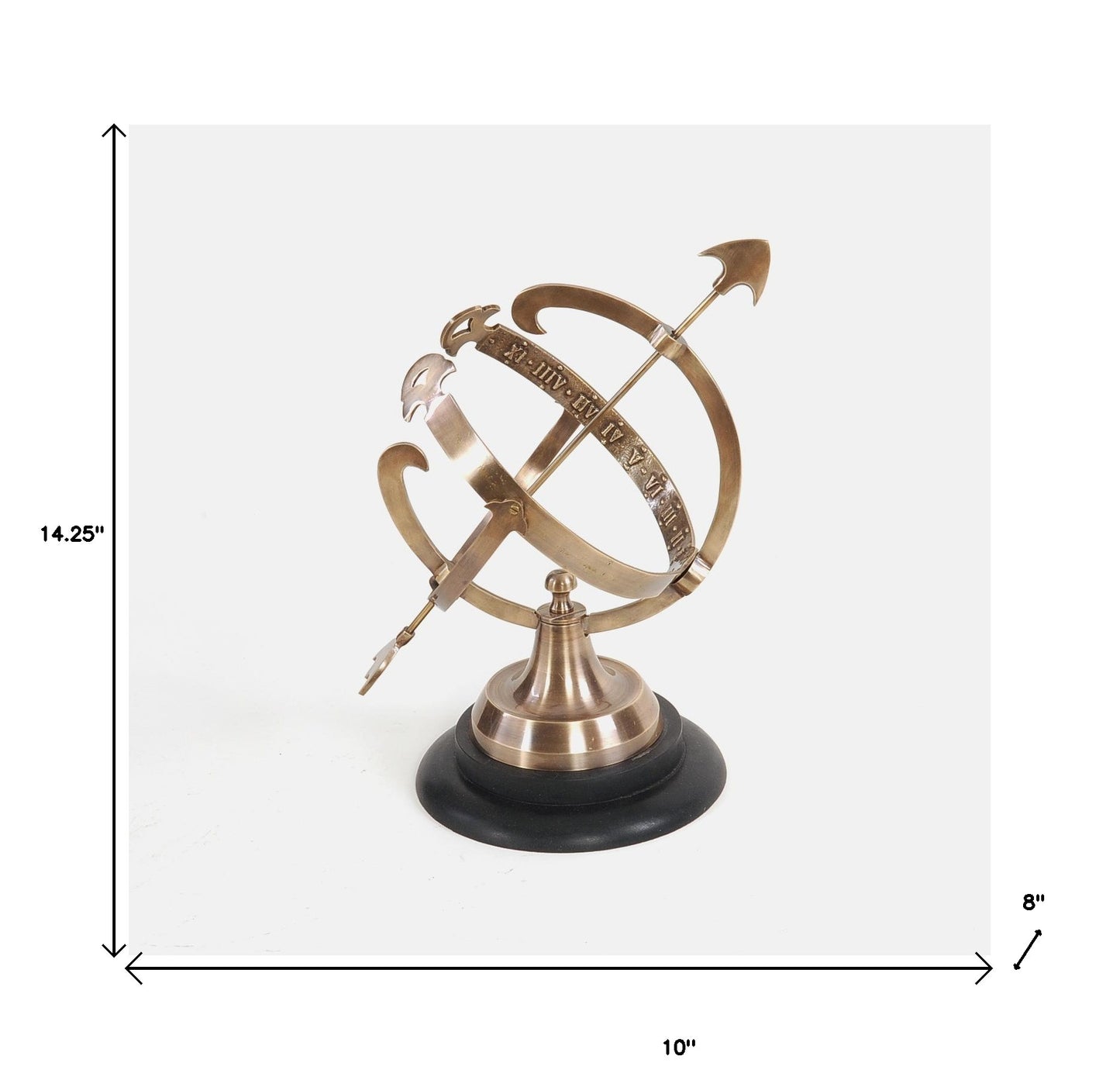 8" X 10" X 14.25" Brass Armillary On Wooden Base