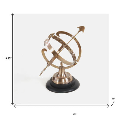 8" X 10" X 14.25" Brass Armillary On Wooden Base