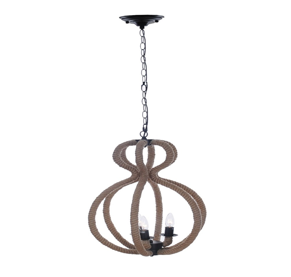 Natural and Black Iron Rope Three Light Ceiling Light