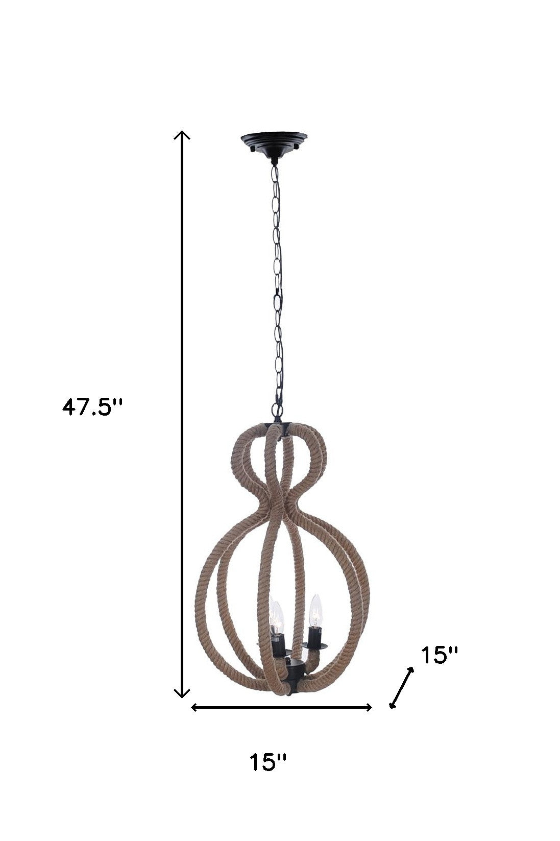 Natural and Black Iron Rope Three Light Ceiling Light