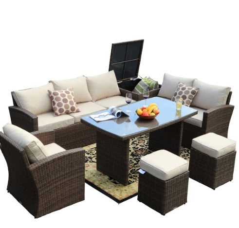 179.85" X 31.89" 32.68" Brown 7-Piece Steel Outdoor Sectional Sofa Set W/Ottomans And Storage Box