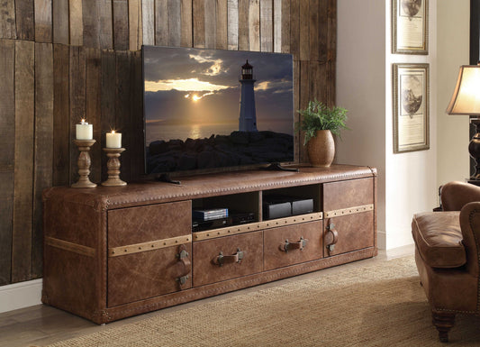 80" Brown Leather Cabinet Enclosed Storage TV Stand