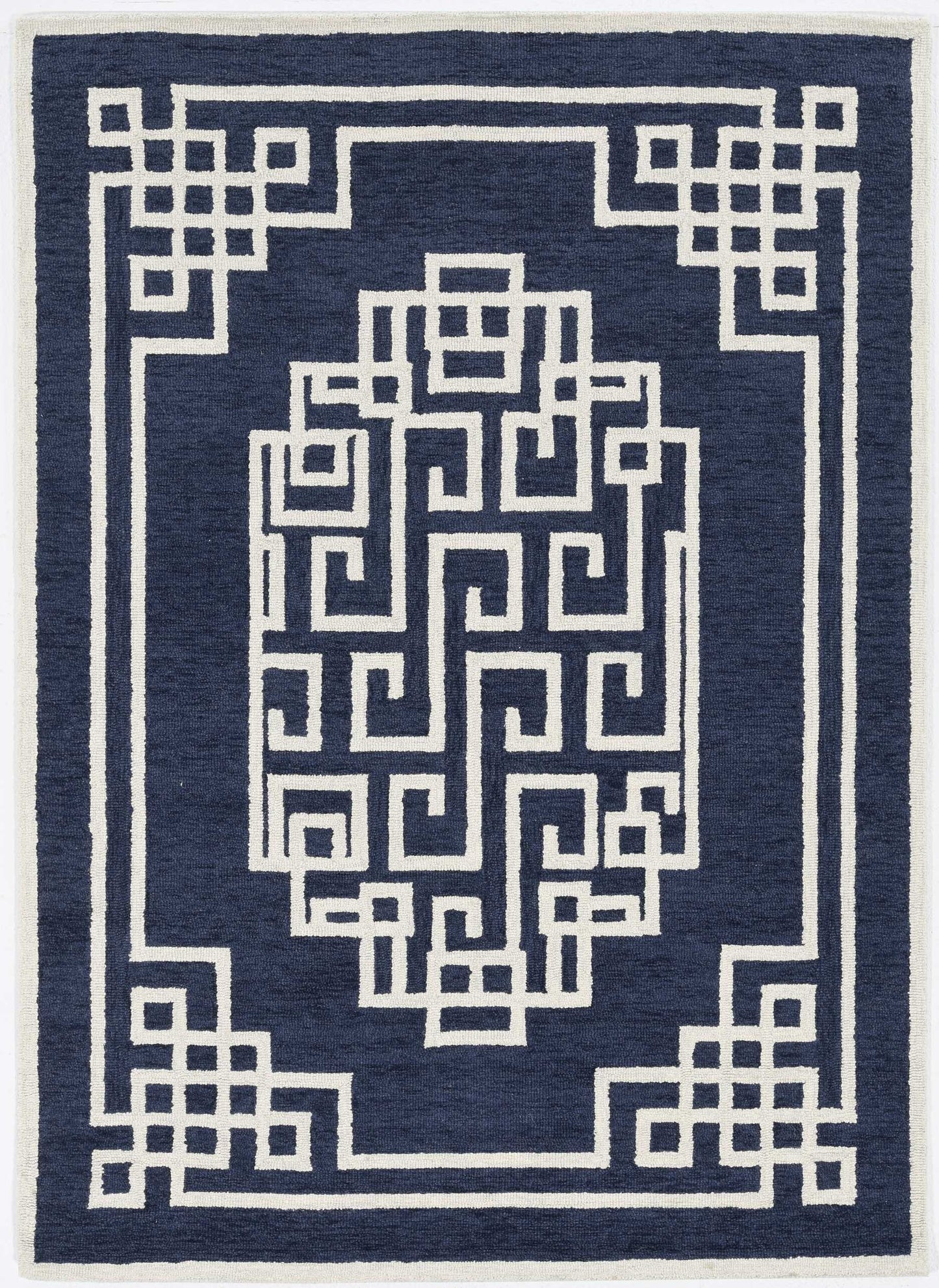 2'X4' Navy Blue Ivory Hand Tufted Greek Key Medallion Indoor Accent Rug